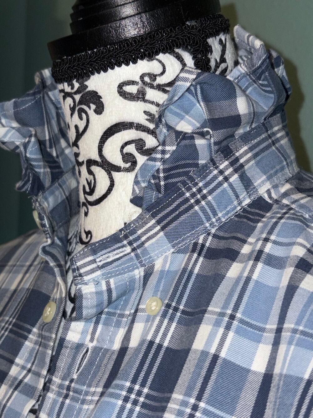 Upcycled Polo Ralph Lauren Blue Plaid Shirt Ruffle Collar Preppy Cottagecore XL